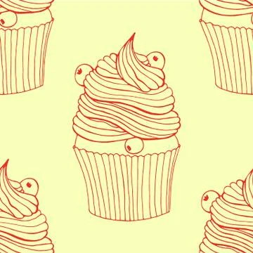 Hand drawn seamless pattern cupcakes with berries. Stock Illustration
