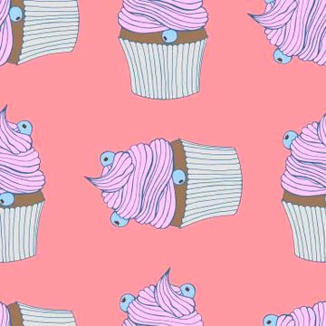 Hand drawn seamless pattern cupcakes with berries. Stock Illustration