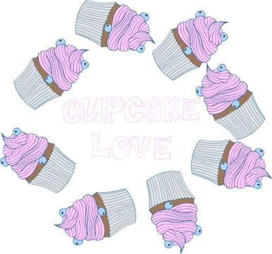 Hand drawn seamless pattern cupcakes with berries. Stock Illustration