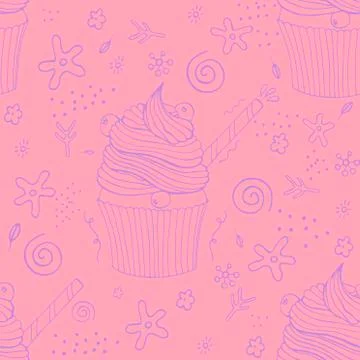 Hand drawn seamless pattern cupcakes with berries, straw and in various cute  Stock Illustration
