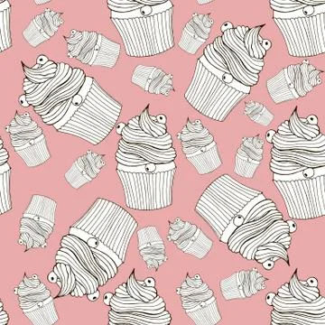 Hand drawn seamless pattern cupcakes with berries. Stock Illustration
