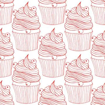 Hand drawn seamless pattern cupcakes with berries. Stock Illustration