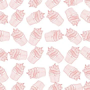 Hand drawn seamless pattern cupcakes with berries. Stock Illustration
