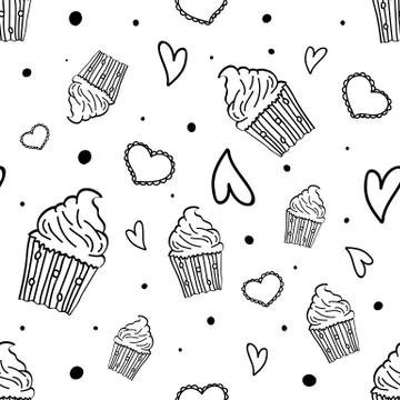 Hand drawn seamless pattern with cupcakes, hearts and dots. Party background. Illustrazione stock
