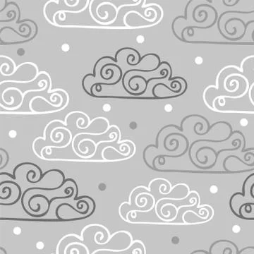 Hand-drawn seamless pattern with cute clouds, stars on a gray background. 스톡 일러스트