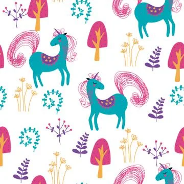 Hand drawn seamless pattern with cute unicorns, plants. Stock Illustration