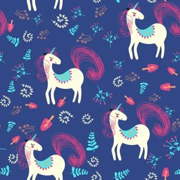 Hand drawn seamless pattern with cute unicorns, plants. Stock Illustration