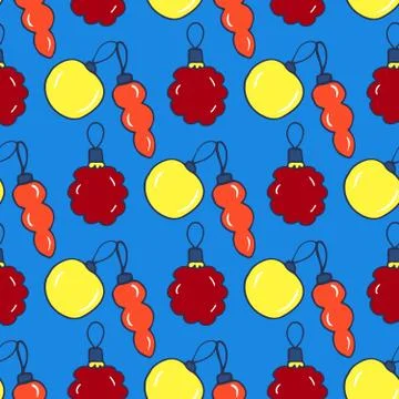 Hand drawn seamless pattern with cute bright christmas tree decorations on bl Illustrazione stock