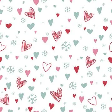 Hand drawn seamless pattern with cute doodles hearts and snowflakes. Love theme Illustrazione stock