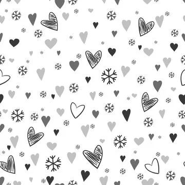 Hand drawn seamless pattern with cute doodles hearts and snowflakes. Love theme Stock Illustration