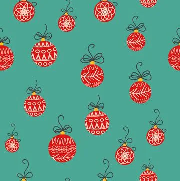 Hand drawn seamless pattern with cute hand drawn Christmas tree decorations,  Stock Illustration