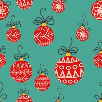 Hand drawn seamless pattern with cute hand drawn Christmas tree decorations,  Stock Illustration