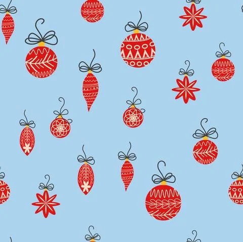 Hand drawn seamless pattern with cute hand drawn Christmas tree decorations,  Illustrazione stock