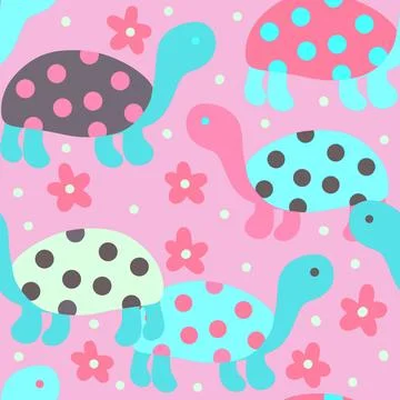 Hand drawn seamless pattern with cute sea turtle tortoise, pink blue flowers 스톡 일러스트