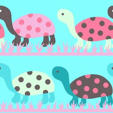 Hand drawn seamless pattern with cute sea turtle tortoise, pink blue flowers 스톡 일러스트