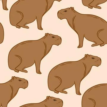 Hand drawn seamless pattern of cute capybara animal in beige brown on white Stock Illustration