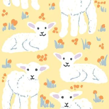 Hand drawn seamless pattern of cute white lamb sheep in spring. Easter concept Stock Illustration