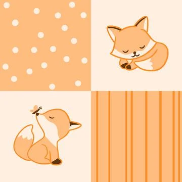 Hand drawn seamless pattern with cute orange fox on checkerboard checkered Stock Illustration