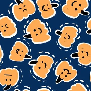 Hand drawn seamless pattern with cute orange pumpkins on dark blue background Stock Illustration