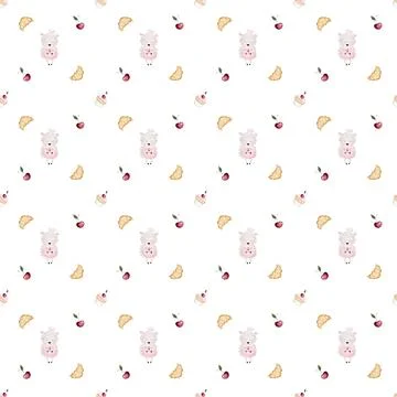 Hand-drawn seamless pattern with cute lambs and baked goods. cake, croissant Stock Illustration