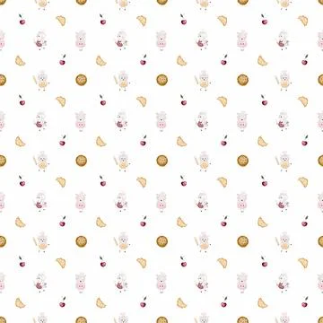 Hand-drawn seamless pattern with cute lambs and baked goods. cake, croissant Stock Illustration