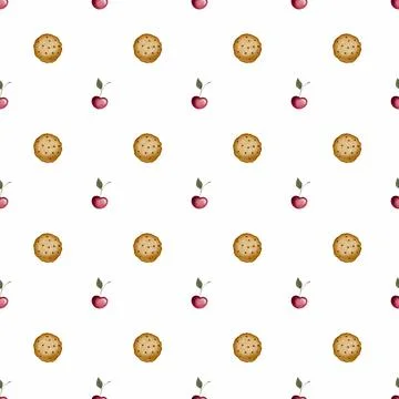 Hand-drawn seamless pattern with cute cherry and baked goods. cake, croissant Stock-Illustration