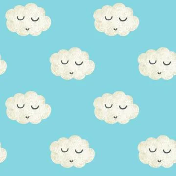 Hand drawn seamless pattern with cute white clouds Stock Illustration