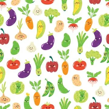 Hand drawn seamless pattern with cute kawaii veggies on white background. C.. Stock Illustration