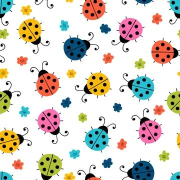 Hand drawn seamless pattern with cute ladybugs and flowers. Simple graphic .. Stock Illustration