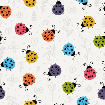 Hand drawn seamless pattern with cute ladybugs. Simple cute graphic design... Stock Illustration