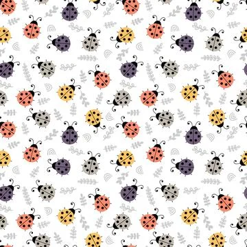 Hand drawn seamless pattern with cute ladybugs. Lovely floral background. S.. Stock Illustration