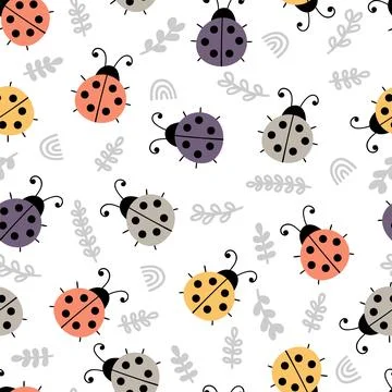 Hand drawn seamless pattern with cute ladybugs. Simple graphic design. Scan.. Illustrazione stock