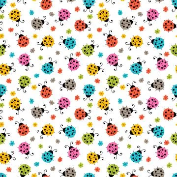 Hand drawn seamless pattern with cute ladybugs and flowers. Simple graphic .. Stock Illustration