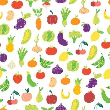 Hand drawn seamless pattern with cute fruits and veggies on white backgroun.. Stock Illustration