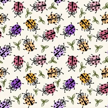 Hand drawn seamless pattern of cute funny ladybugs bugs beetles insect print Stock Illustration