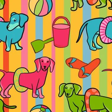 Hand drawn seamless pattern with dachshund dogs pets on summer ocean sea beach Stock Illustration