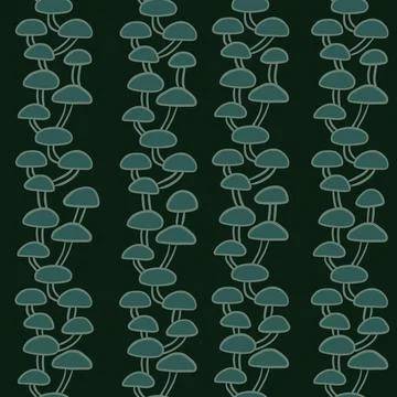 Hand drawn seamless pattern with dark sage green forest wood mushrooms. Woodland Stock Illustration