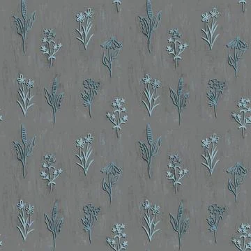 Hand drawn seamless pattern of dark blue faded flowers on grey background Stock Illustration