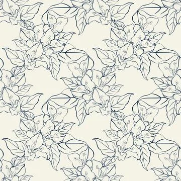 Hand-drawn seamless pattern on dark blue line art flowers Illustrazione stock