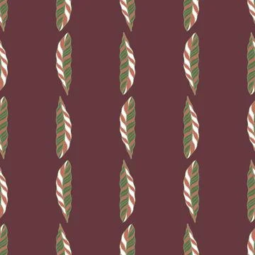 Hand drawn seamless pattern with decorative feather shapes. Pale maroon backg Illustrazione stock