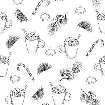 Hand drawn seamless pattern with desserts. Coffee, cocoa, biscuits, cupcake Stock Illustration