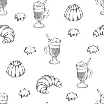 Hand drawn seamless pattern with desserts. Coffee, cocoa, biscuits, cupcake Stock Illustration