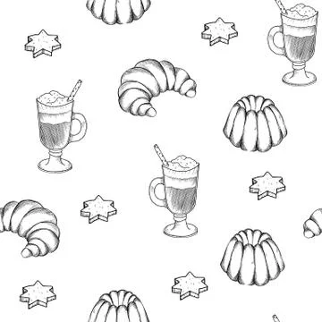 Hand drawn seamless pattern with desserts. Biscuits, cupcake, biscuit cookies Stock Illustration