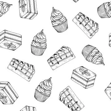 Hand drawn seamless pattern with desserts. Biscuits, cupcake, biscuit cookies Stock Illustration