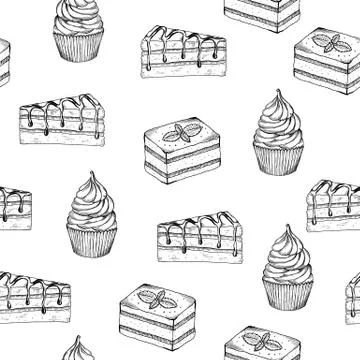 Hand drawn seamless pattern with desserts. Biscuits, cupcake, biscuit cookies Stock Illustration