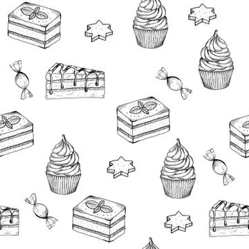 Hand drawn seamless pattern with desserts. Biscuits, cupcake, biscuit cookies Stock Illustration