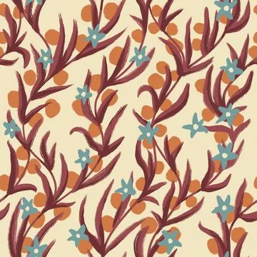Hand drawn seamless pattern with diagonal floral branches, brown berries blue 스톡 일러스트