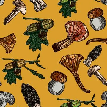 Hand drawn seamless pattern with different mushrooms and acorns. Stock Illustration