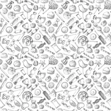 Hand drawn a seamless pattern with different sweets. Stock Illustration