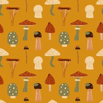 Hand drawn seamless pattern with different mushrooms. Nature repeated textile Stock Illustration